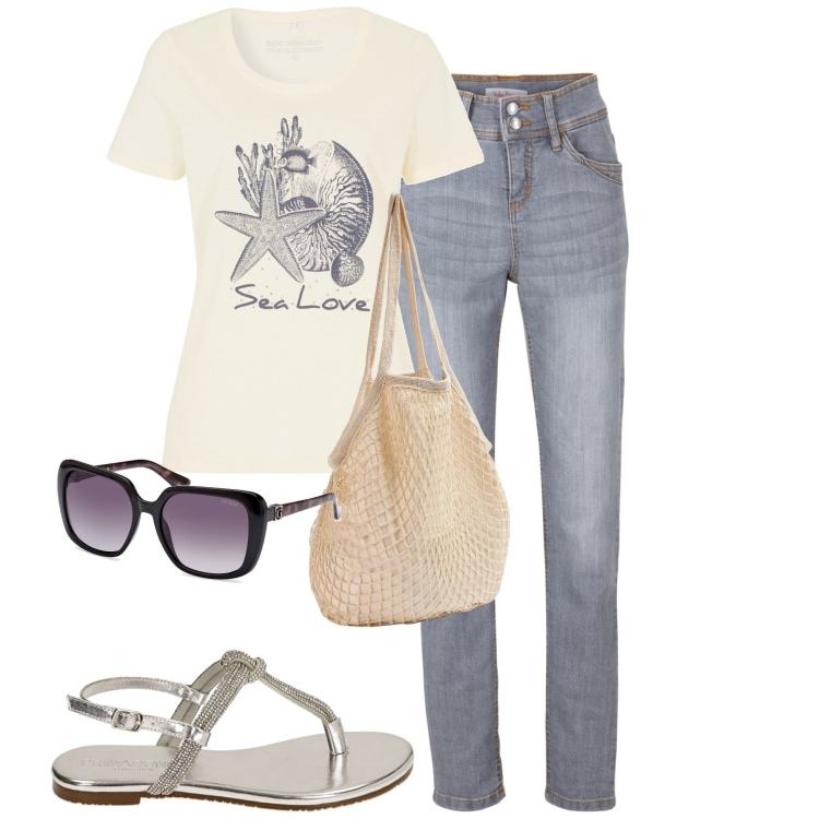 Outfit donna - Luglio. Stile Basic per Tutti i giorni. Abbinamento con jeans slim fit, t-shirt, borse a spalla, ciabatte, occhiali da sole.