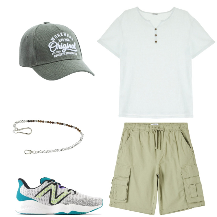 Outfit uomo - Contro il caldo. Stile Casual per Tutti i giorni. Abbinamento con pantaloni corti, cappelli, sneakers, collane, t-shirt.