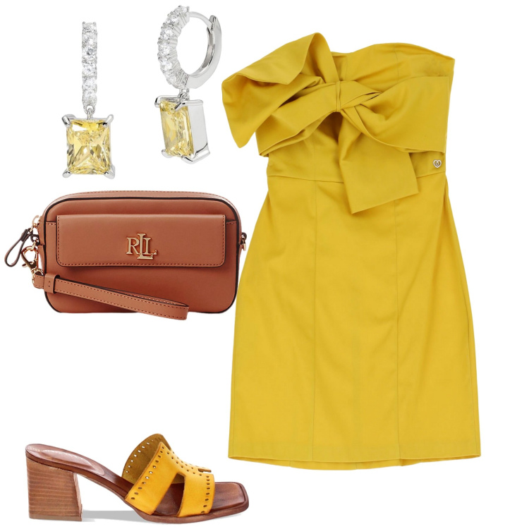 Outfit donna - Aperitivo. Stile Casual chic per Serata fuori. Abbinamento con orecchini, vestiti corti, sandali col tacco, pochette.