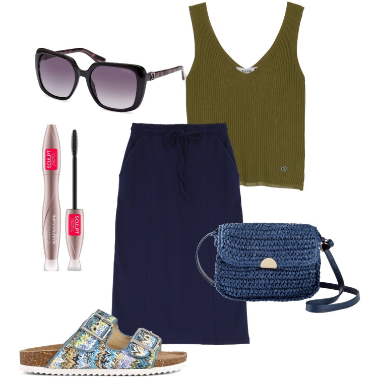 Outfit donna - Con le ciabattone. Stile Basic per Tutti i giorni. Abbinamento con borse a tracolla, mascara, top, gonne longuette, sandali, occhiali da sole.