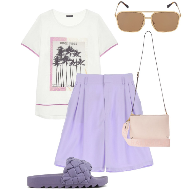 Outfit donna - La t-shirt con le palme. Stile Casual chic per Mare. Abbinamento con bermuda, borse a tracolla, ciabatte, occhiali da sole, t-shirt.