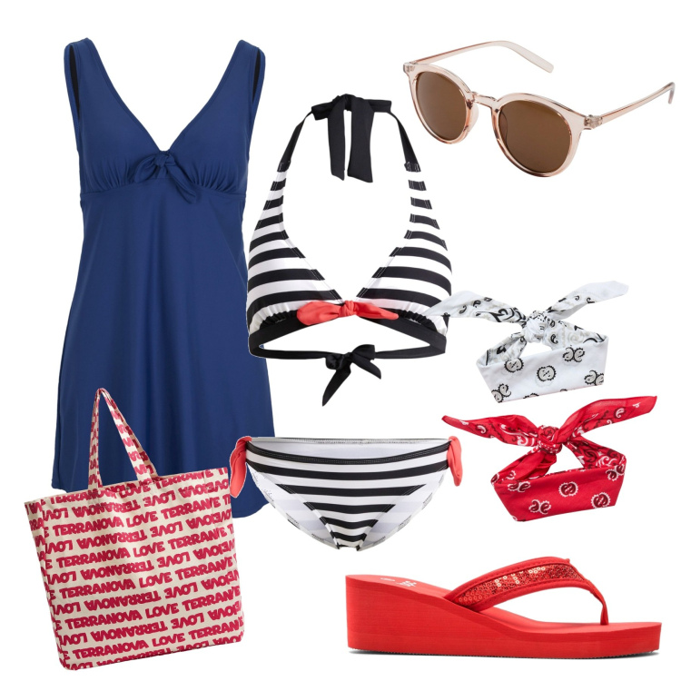 Outfit donna - Bikini con le righe. Stile Casual per Mare. Abbinamento con bikini, occhiali da sole, infradito, vestiti da spiaggia, fasce per capelli, borse tote.
