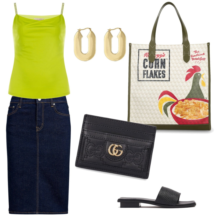 Outfit donna - Colazione al bar con le amiche. Stile Casual per Tutti i giorni. Abbinamento con top, gonne, portafogli, shopping bag, sandali in pelle, orecchini.