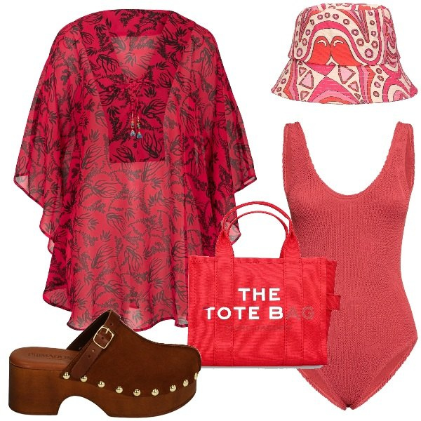 Outfit donna - Cherry red in spiaggia. Stile 70s per Mare. Abbinamento con vestiti da spiaggia, ciabatte, costumi interi, shopping bag, cappelli.
