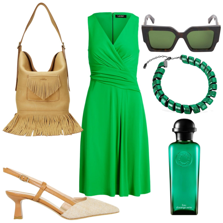 Outfit donna - Verde atmosfera. Stile Basic per Tutti i giorni. look ideale per Petite. Abbinamento con profumi, sandali col tacco, vestiti, borse a secchiello, occhiali da sole, collane.