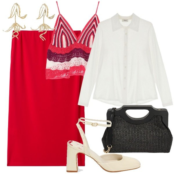 Outfit donna - Cherry red anche in ufficio. Stile Bon Ton per Ufficio. Abbinamento con camicie, orecchini, top, décolleté, borse a mano, gonne longuette.
