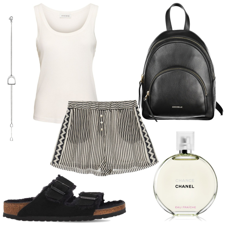 Outfit donna - Libera con gli short. Stile Bon Ton per Tutti i giorni. look ideale per Petite. Abbinamento con profumi, shorts, braccialetti, sandali, canottiere, zaini.