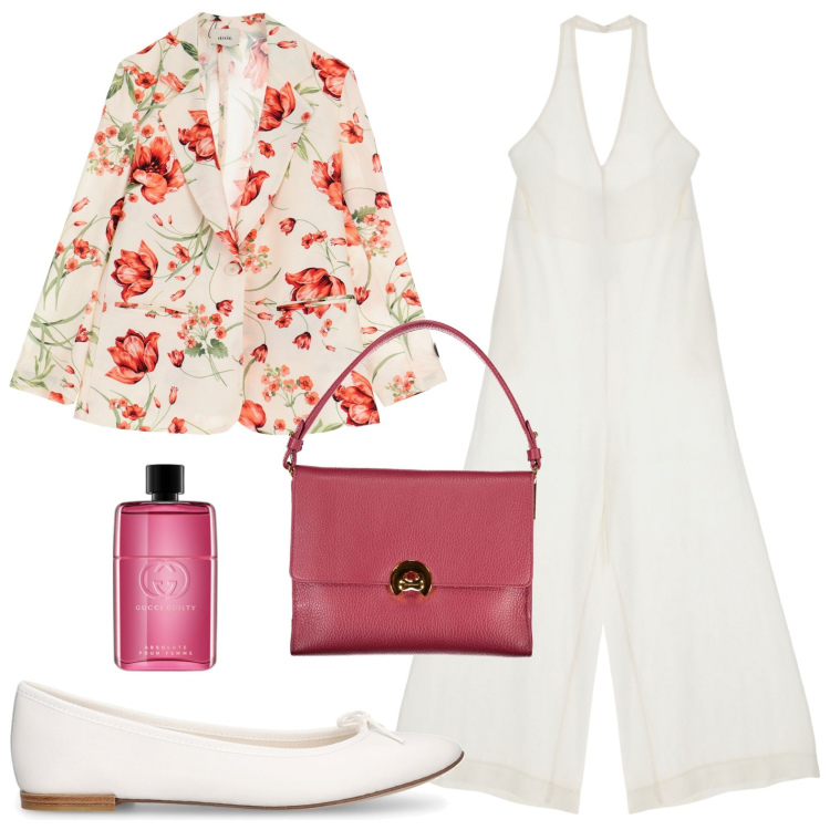 Outfit donna - Giacca floreale. Stile Bon Ton per Tutti i giorni. look ideale per Petite. Abbinamento con profumi, tute, blazer, borse a spalla, ballerine.