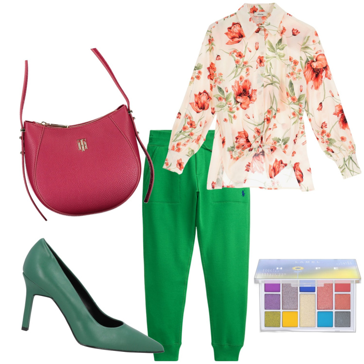 Outfit donna - Camicia fiorita. Stile Bon Ton per Tutti i giorni. Abbinamento con décolleté, ombretti, camicie, pantaloni, borse a tracolla.
