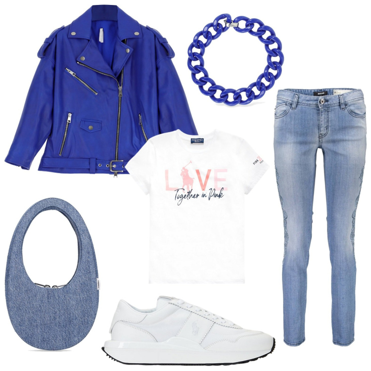 Outfit donna - Biker da motociclista. Stile Basic per Tutti i giorni. look ideale per Petite. Abbinamento con giacche, sneakers, t-shirt, collane, borse a mano, jeans.