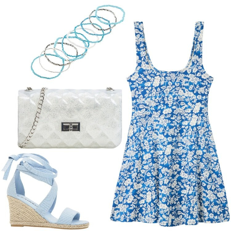Outfit donna - Basta poco. Stile Basic per Serata fuori. Abbinamento con braccialetti, sandali, vestiti corti, borse a tracolla.