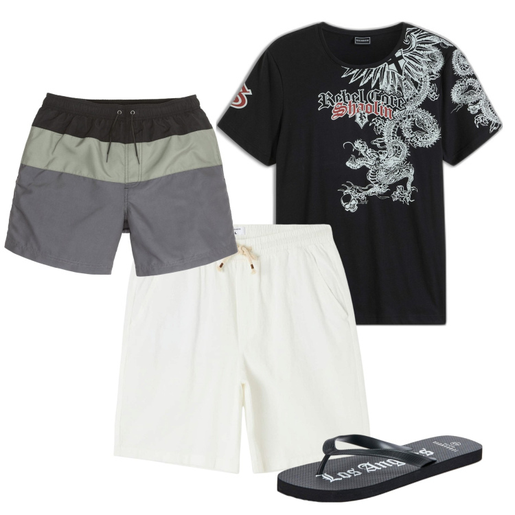 Outfit uomo - Dragon. Stile Casual per Tutti i giorni. Abbinamento con t-shirt, costumi, shorts, sandali.
