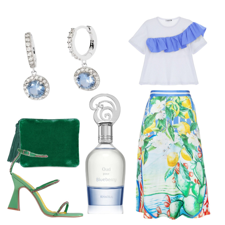 Outfit donna - Stasera indosso il cotone. Stile Glamour per Serata fuori. Abbinamento con sandali col tacco, profumi, orecchini, t-shirt, gonne longuette, pochette.
