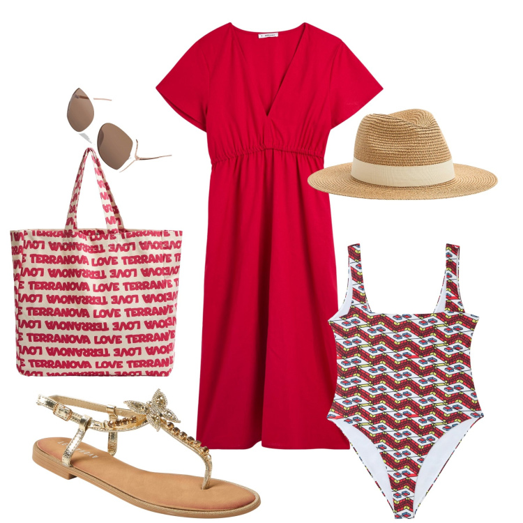Outfit donna - In spiaggia in rosso. Stile Casual per Mare. Abbinamento con occhiali da sole, costumi interi, cappelli, vestiti lunghi, borse tote, sandali gioiello.