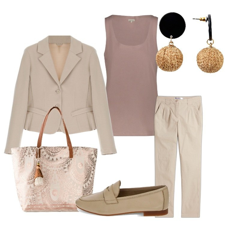 Outfit donna - Un appuntamento di lavoro. Stile Chic per Ufficio. Abbinamento con pantaloni chino, orecchini, shopping bag, blazer, mocassini, canottiere.