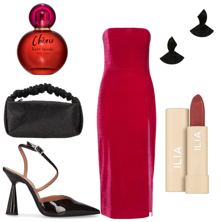 Outfit donna - Serata cerimoniosa. Stile Boho per Tutti i giorni. look ideale per Petite. Abbinamento con borse a mano, profumi, rossetti, vestiti midi/longuette, orecchini, décolleté.
