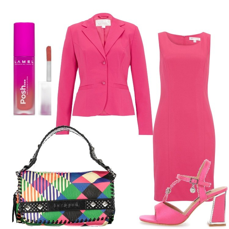 Outfit donna - Voglia di fucsia. Stile Chic per Serata fuori. Abbinamento con vestiti a tubino, blazer, rossetti, sandali col tacco, collane.