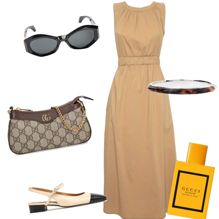 Outfit donna - Stessa griffe borsa e profumo. Stile Chic per Tutti i giorni. Abbinamento con profumi, braccialetti, vestiti lunghi, borse a spalla, décolleté, occhiali da sole.
