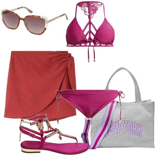 Outfit donna - Piccola gonna pareo. Stile Basic per Mare. Abbinamento con bikini, vestiti da spiaggia, shopping bag, ciabatte, occhiali da sole.
