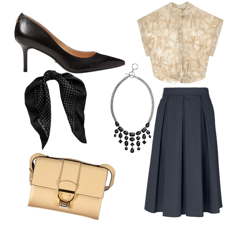 Outfit donna - In ufficio prima delle vacanze. Stile Bon Ton per Ufficio. Abbinamento con camicie a manica corta, foulard, collane, décolleté, gonne longuette, borse a tracolla.