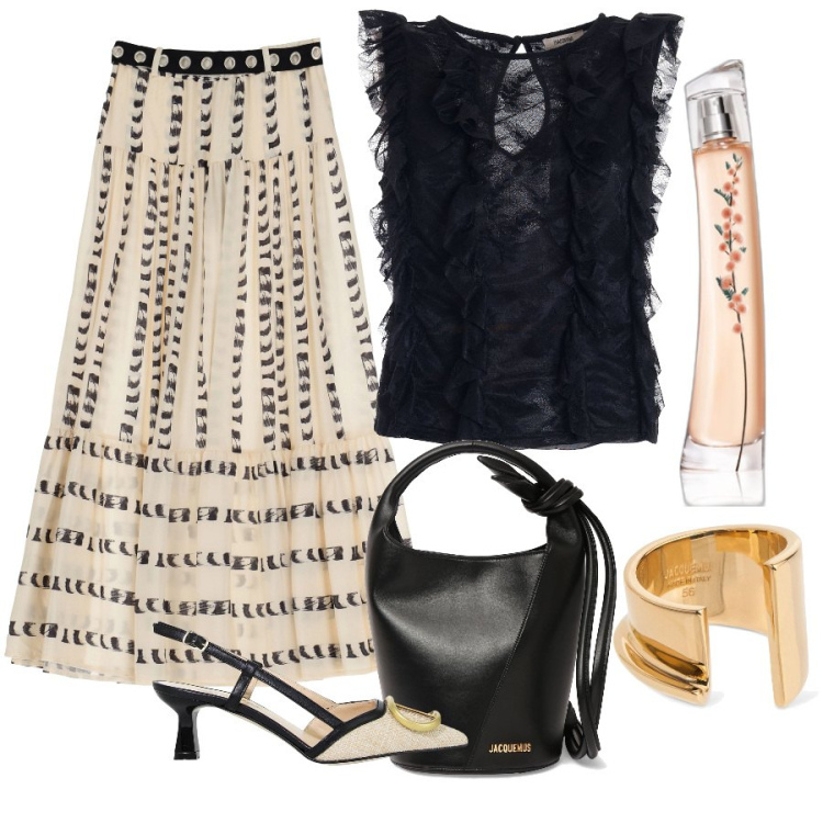 Outfit donna - Total look #1914861. Abbinamento con profumi, top, sandali in pelle, gonne lunghe, borse a spalla, anelli.