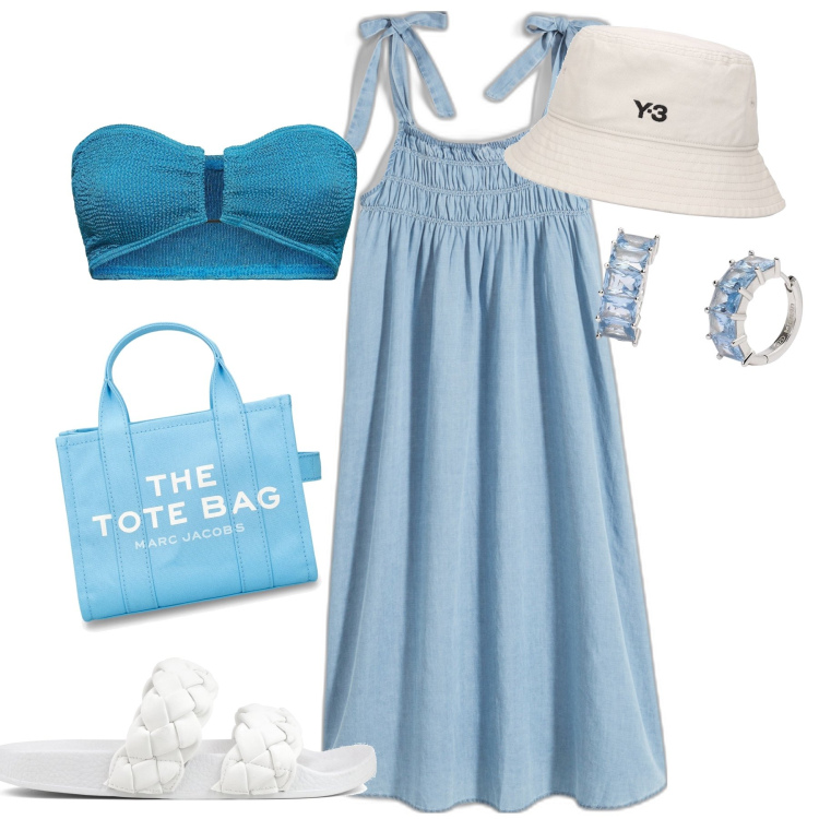 Outfit donna - Spiaggia di classe. Stile Chic per Mare. Abbinamento con vestiti midi/longuette, orecchini, ciabatte, bikini, cappelli, borse tote.