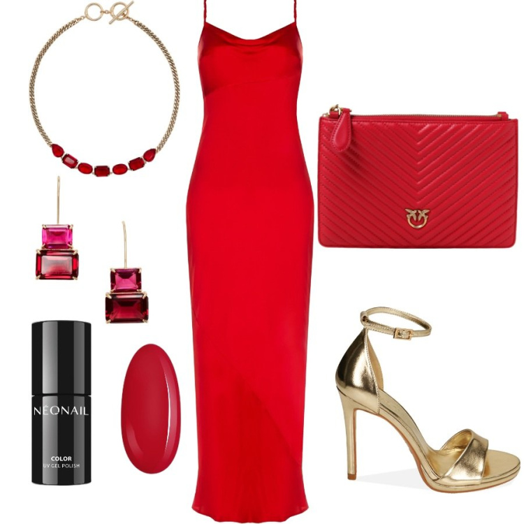 Outfit donna - Party glam. Stile Glamour per Serata fuori. Abbinamento con smalti, sandali col tacco, vestiti lunghi, orecchini, collane, clutch.