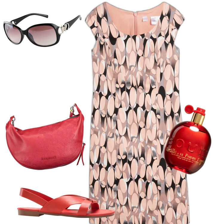 Outfit donna - Fresca e ordinata. Stile Urban per Tutti i giorni. Abbinamento con occhiali da sole, vestiti a tubino, sandali, profumi, borse a spalla.