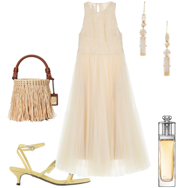 Outfit donna - Leggerezza. Stile Glamour per Serata fuori. Abbinamento con sandali in pelle, profumi, vestiti midi/longuette, borse a secchiello, orecchini.