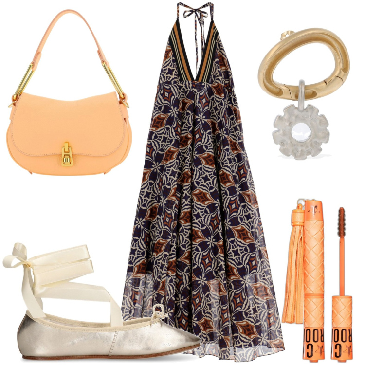 Outfit donna - Vestito leggero. Stile Basic per Tutti i giorni. look ideale per Petite. Abbinamento con mascara, vestiti lunghi, orecchini, borse a spalla, ballerine.