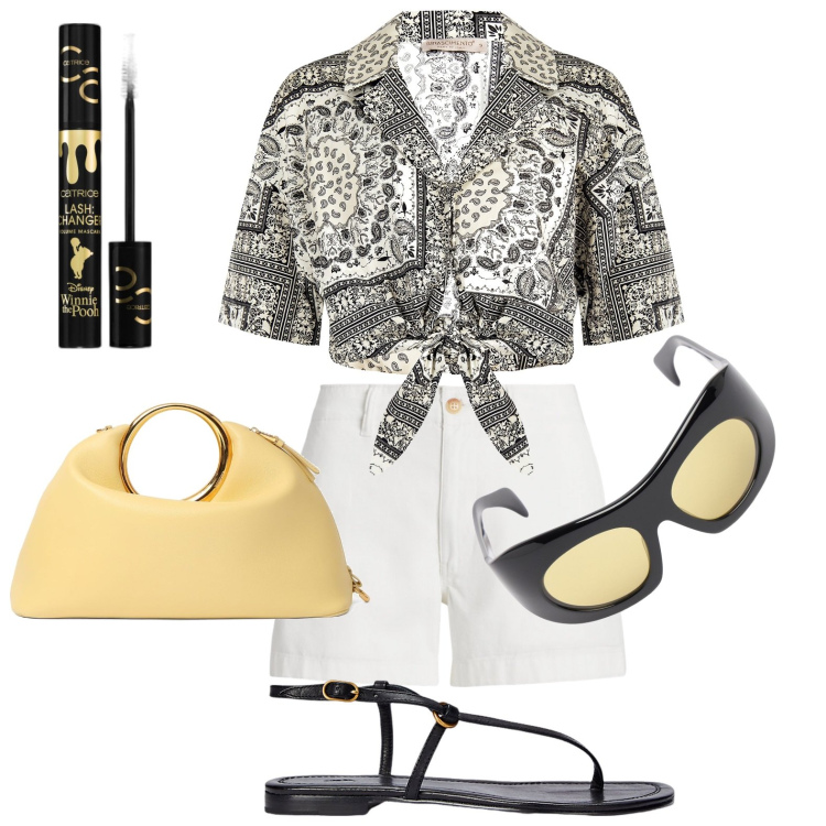 Outfit donna - Camicia annodata. Stile Basic per Tutti i giorni. Abbinamento con mascara, camicie, sandali in pelle, minigonne, borse a mano, occhiali da sole.