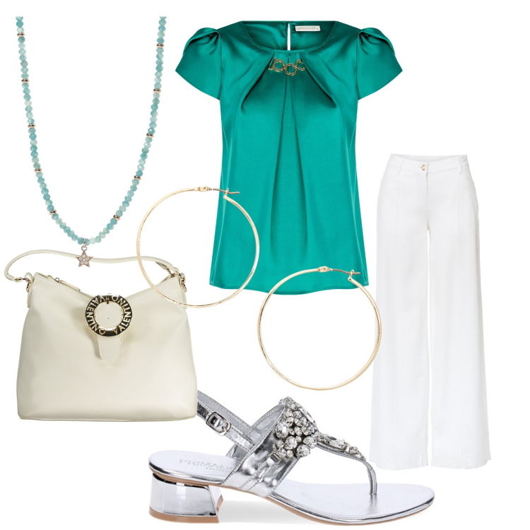 Outfit donna - Verde e bianco. Stile Chic per Serata fuori. Abbinamento con pantaloni a palazzo, collane, bluse, ciabatte, orecchini, borse a spalla.