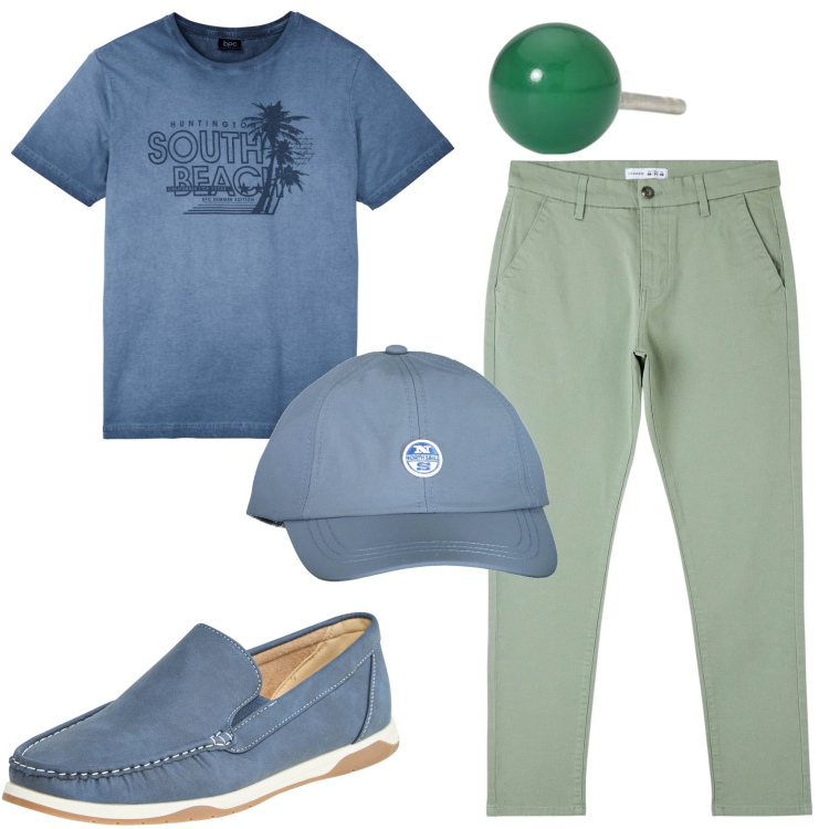 Outfit uomo - Mocassini blu. Stile Casual per Tutti i giorni. Abbinamento con t-shirt, pantaloni skinny, scarpe stringate, orecchini, cappelli con visiera.