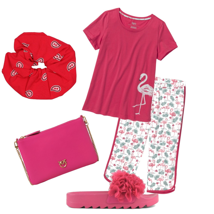 Outfit donna - In casa al fresco. Stile Basic per Tutti i giorni. Abbinamento con pigiama, ciabatte, pochette, accessori per capelli.