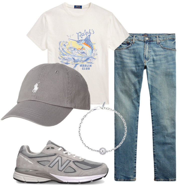 Outfit uomo - Sneakers grigie. Stile Casual per Tutti i giorni. Abbinamento con braccialetti, cappelli, jeans, t-shirt, sneakers.