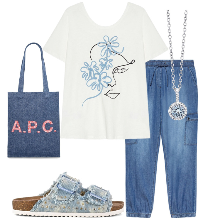 Outfit donna - Tutti i giorni. Stile Casual per Tutti i giorni. Abbinamento con collane, sandali, pantaloni cargo, t-shirt, shopping bag.
