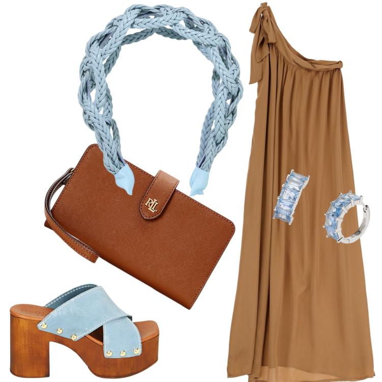Outfit donna - Al mare di sera. Stile Casual chic per Mare. Abbinamento con fasce per capelli, vestiti lunghi, orecchini, sandali col tacco, pochette.