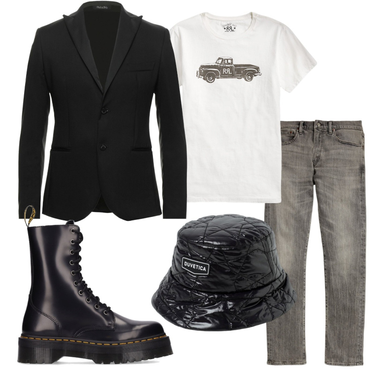 Outfit uomo - Jeans e anfibi. Stile Biker Rock per Tutti i giorni. Abbinamento con giacche, t-shirt, jeans, stivali, cappelli.