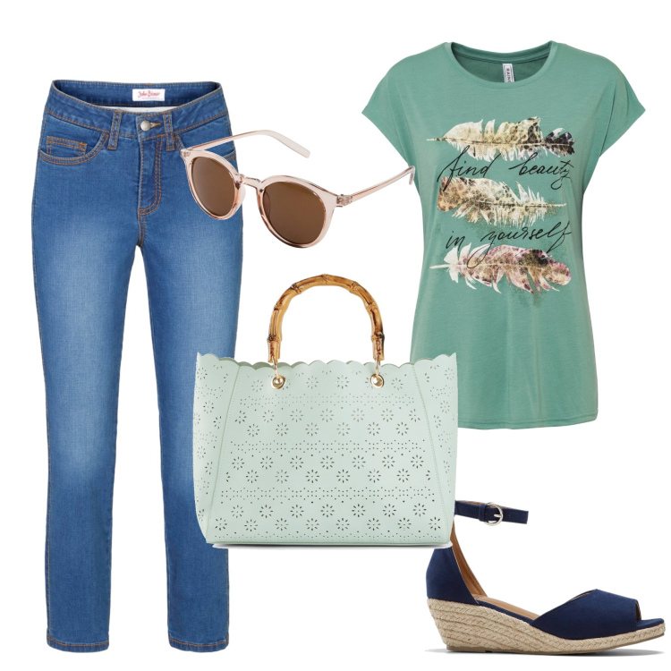 Outfit donna - Giornata di commissioni. Stile Basic per Tutti i giorni. Abbinamento con t-shirt, occhiali da sole, borse a mano, sandali, jeans skinny.