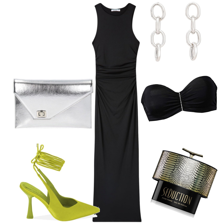 Outfit donna - Seduzione in saldo. Stile Sexy per Serata fuori. Abbinamento con reggiseni, profumi, vestiti lunghi, pochette, décolleté, orecchini.