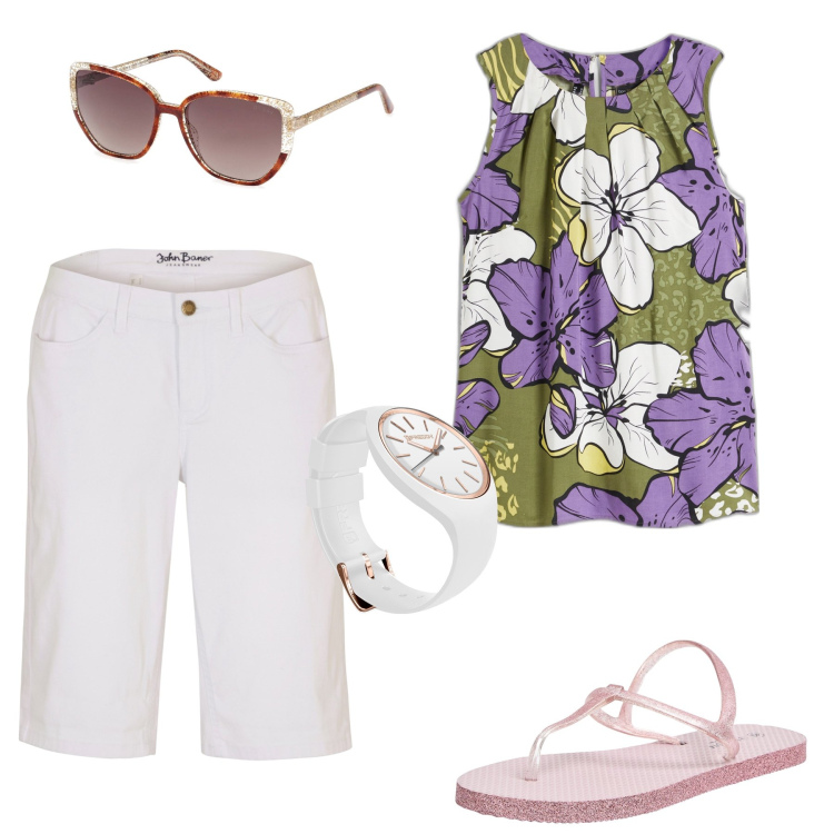 Outfit donna - Il top a fiori. Stile Romantica per Tutti i giorni. Abbinamento con bermuda, top, sandali, orologi, occhiali da sole.