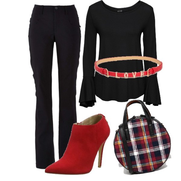 Outfit donna - Love black. Stile Basic per Tutti i giorni. Abbinamento con pantaloni, maglia con volant jersey nero, stivaletti rosso, cintura con fibbia in denim lunghezza regolabile, borsa a tracolla con spalline e zip con tasca interna rosso.