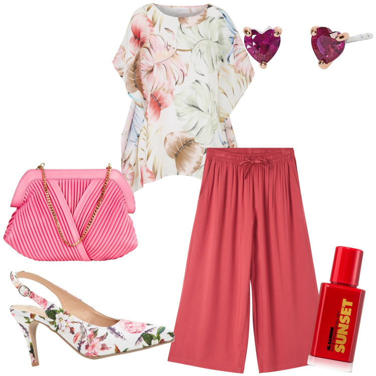 Outfit donna - Romantica cerimonia in pantaloni. Stile Glamour per Cerimonia. Abbinamento con tuniche, décolleté, profumi, pantaloni a palazzo, orecchini, pochette.