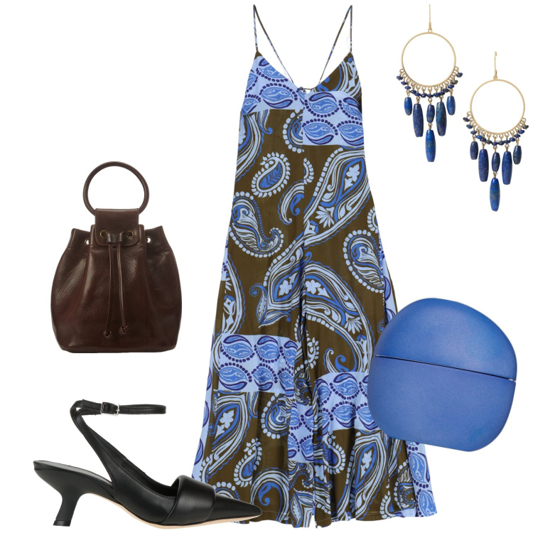 Outfit donna - Al ristorante. Stile Glamour per Serata fuori. Abbinamento con décolleté, profumi, tute, borse a secchiello, orecchini.