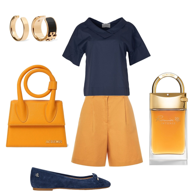 Outfit donna - Bermuda. Stile Basic per Tutti i giorni. look ideale per Petite. Abbinamento con profumi, ballerine, borse a mano, orecchini, bluse, shorts.