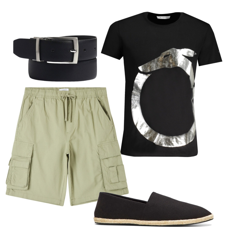Outfit uomo - Salvia e nero. Stile Casual per Tutti i giorni. Abbinamento con espadrillas, pantaloni corti, cinture, t-shirt.
