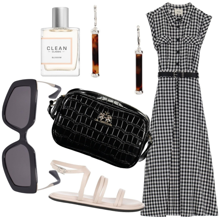 Outfit donna - Tempo Libero e Lavoro. Stile Boho per Tutti i giorni. Abbinamento con sandali in pelle, profumi, vestiti lunghi, orecchini, occhiali da sole, borse a tracolla.