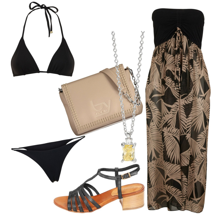 Outfit donna - Total look #1914988. Stile Casual per Mare. look ideale per Tall. Abbinamento con vestiti da spiaggia, collane, sandali in pelle, borse a spalla, bikini, bikini.