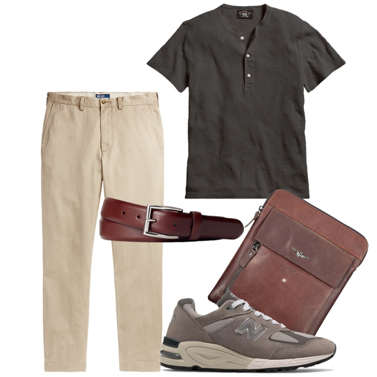 Outfit uomo - Cuoio casual. Stile Casual per Tutti i giorni. Abbinamento con sneakers, t-shirt, cinture, pantaloni chino, portafogli.