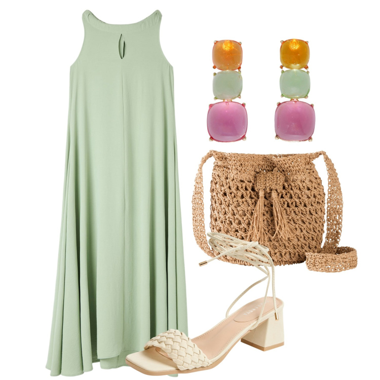 Outfit donna - Capi freschi per la sera. Stile Bon Ton per Serata fuori. Abbinamento con borse a tracolla, vestiti senza maniche, sandali alla schiava, orecchini.